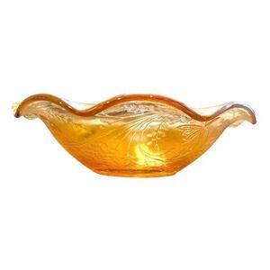 Vintage Marigold Carnival Glass Fruit Bowl 9.5" Floral Ruffled Iridescent Gold